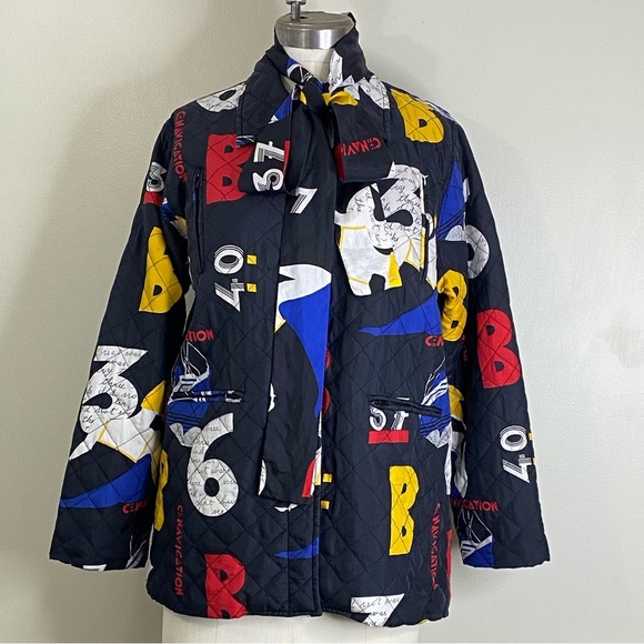 VINTAGE 100% SILK QUILTED PATTERNED NAUTICAL BUTTON UP JACKET WITH MATCHING SASH - Picture 9 of 17